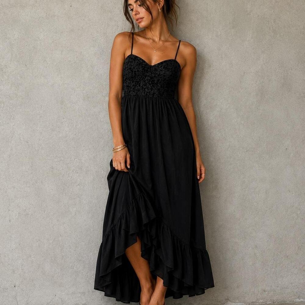 Band of the Free Black Flocked High-Low Midi Dress Black | Size Medium